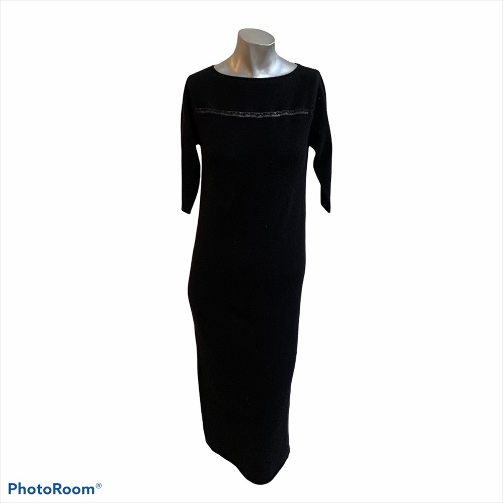 Vintage 100% Cashmere Black Maxi Dress with black lace